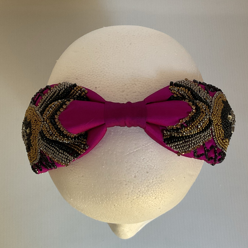 Mexican Beaded Padded Headband Fuchsia Turban Style Boho Embroidered Accessory